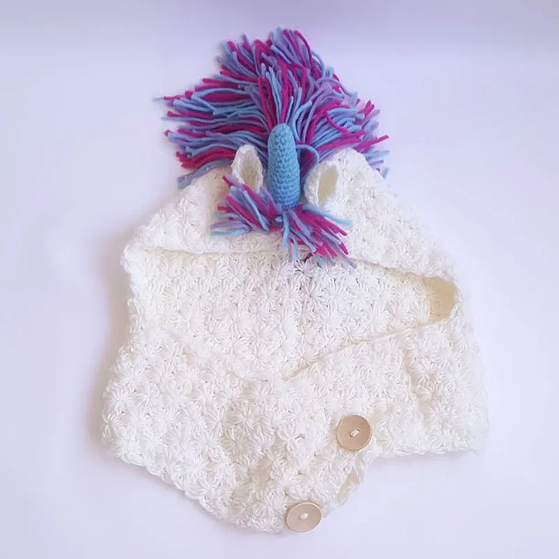 Girls Warm Handmade Children Knitted Beanie Crochet Cartoon Hooded Scarves Unicorn Winter Hat Neckerchief