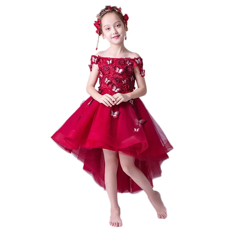 Red lace ruffle butterfly design Princess high-low Wedding Dress Boat Neck Flower Girl Dress
