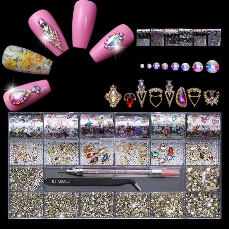 Wholesale Crystal Nails Various Alloy Charms Transfer Foil Decoration AB Flat Back Non Hot Fix Glass Rhinestones Nail Art