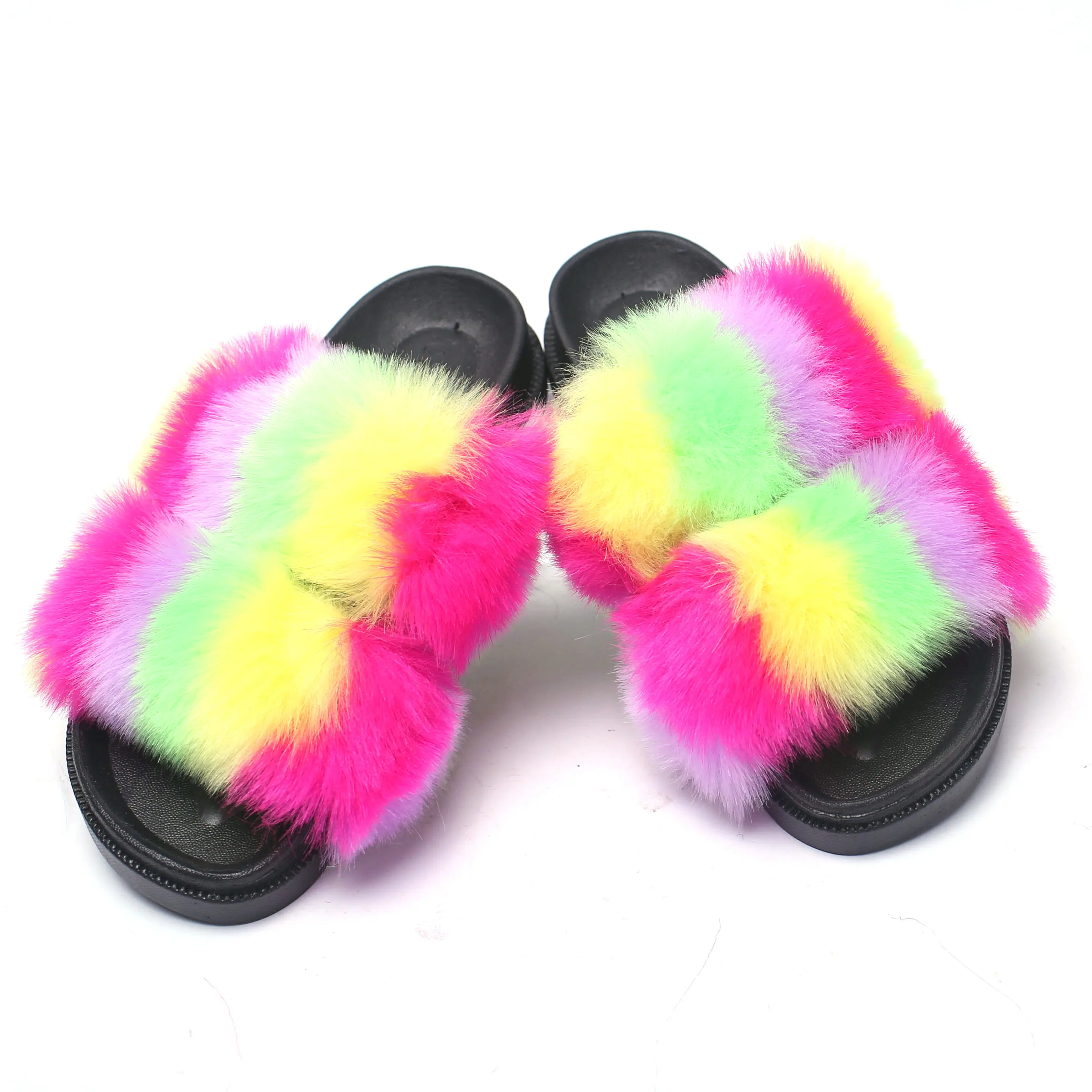 two strap house fluffy fur womens slippers 2023 Soft Furry Sandals Faux Double Strap Fur Slides
