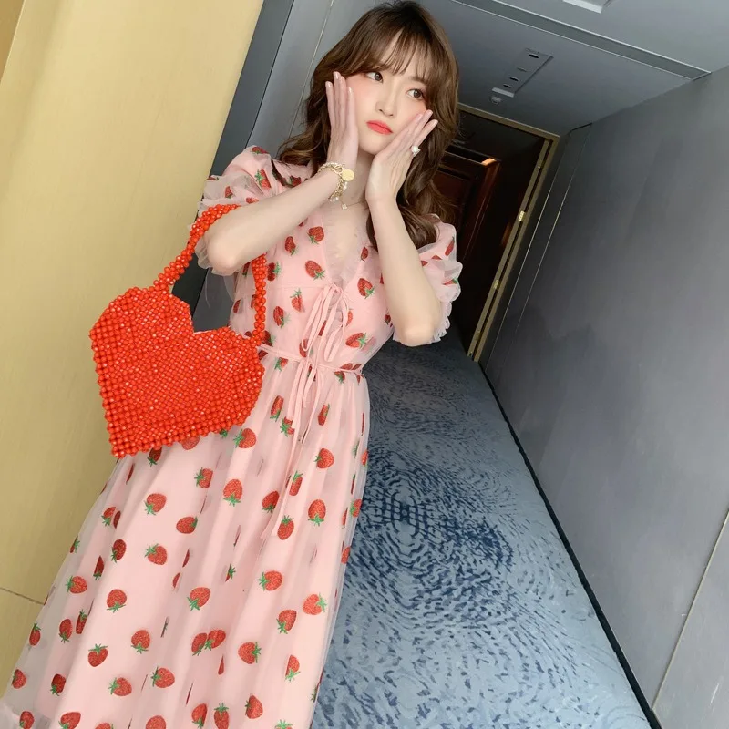 Summer Vacation Dresses Casual Girls Summer Strawberry Printed Pink Sweet Midi Dress