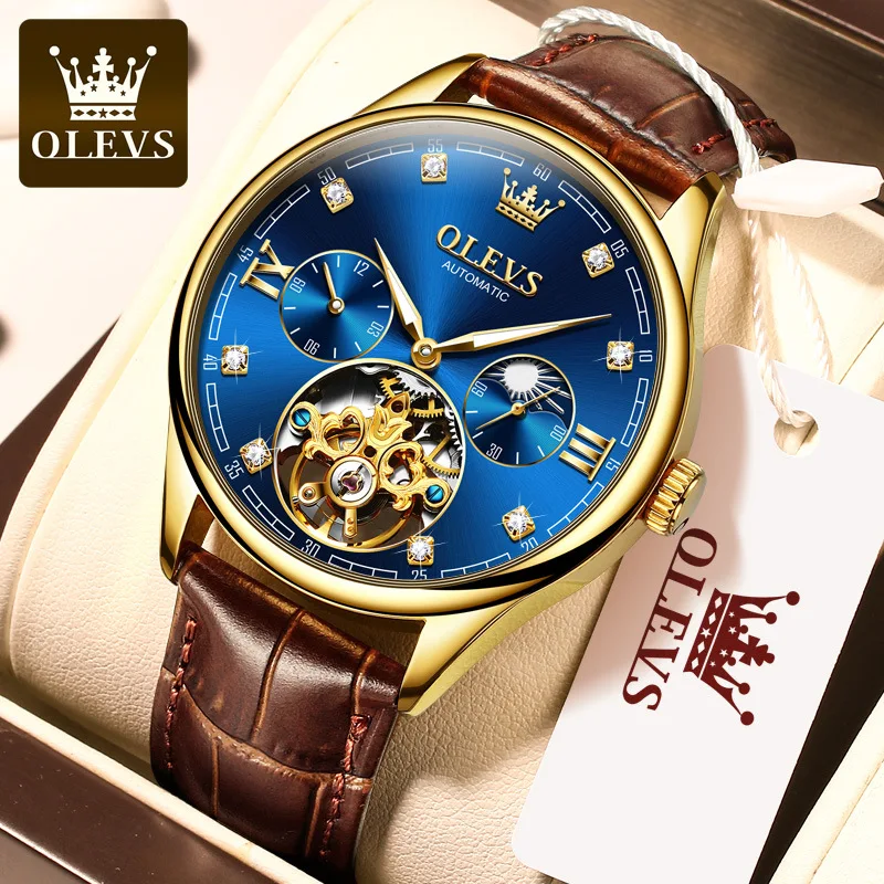OLEVS 3601 luxury Brown man mechanical watch weird PU leather strap double time lighter automatic sports wrist watch