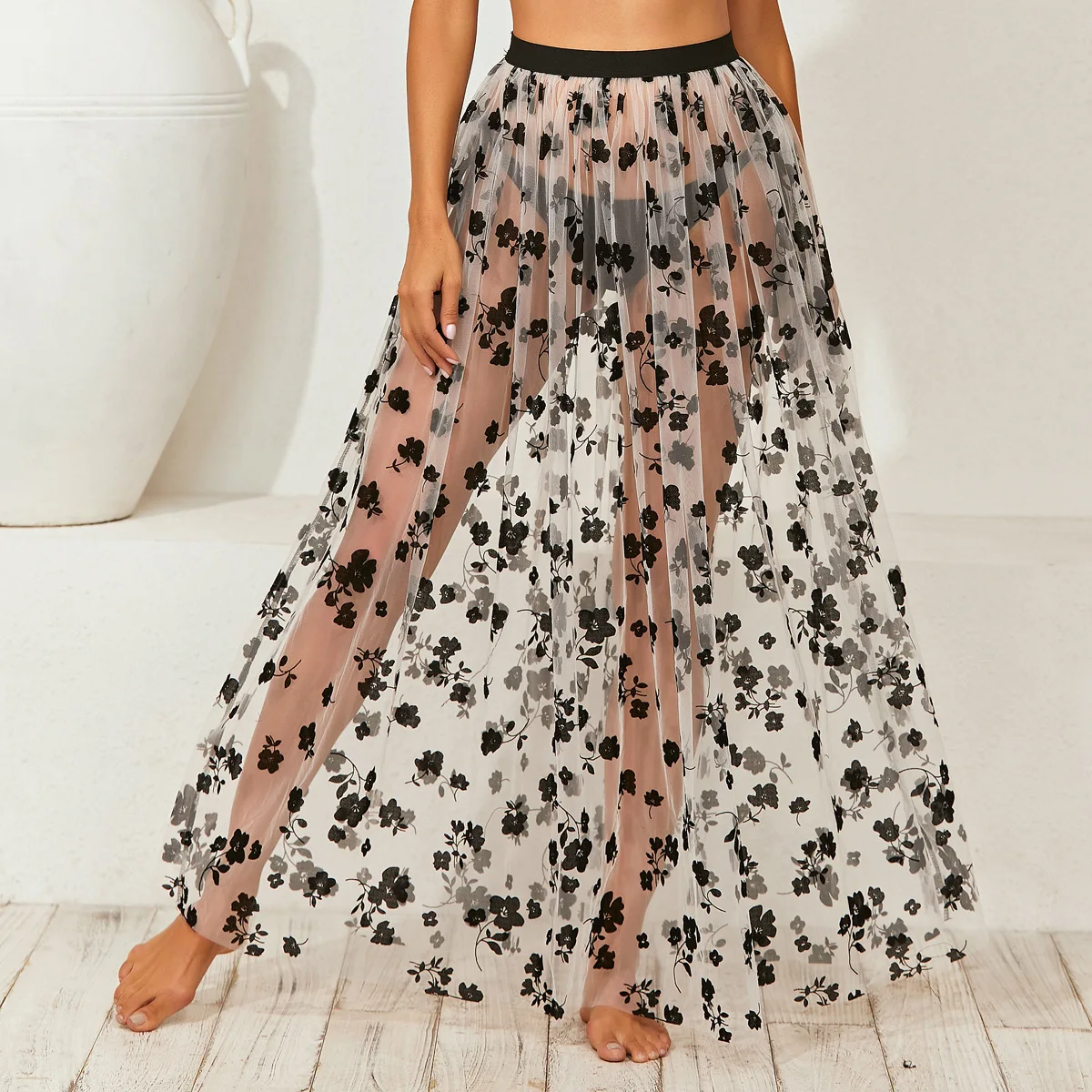 Women Summer Beach Style Long Sexy Skirt VD2906 Floral Polka Dots Perspective Sunscreen See Through Tulle Skirts
