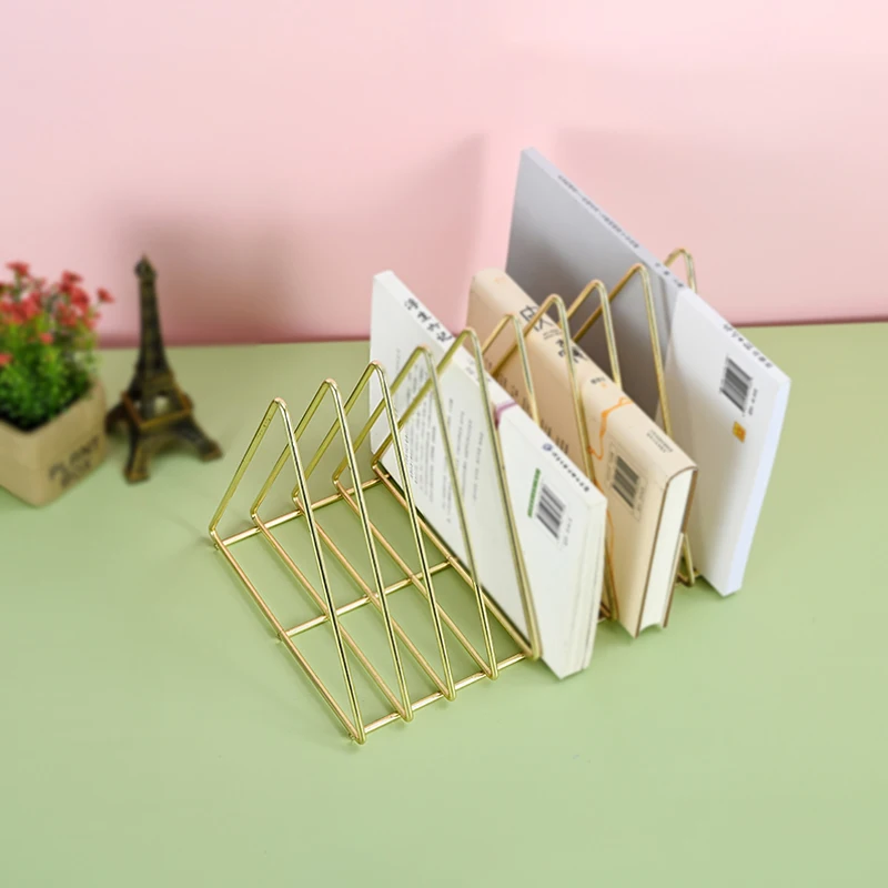 Beishite Gold Magazine Holder,Desktop File Sorter Organizer Triangle Bookshelf Decor Home Office