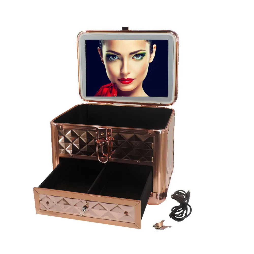 Makeup Aluminum Case With Light Makeup Train Case With Mirror Cosmetic Bags Jewelry Organizer Boxes Professional Portable Travel