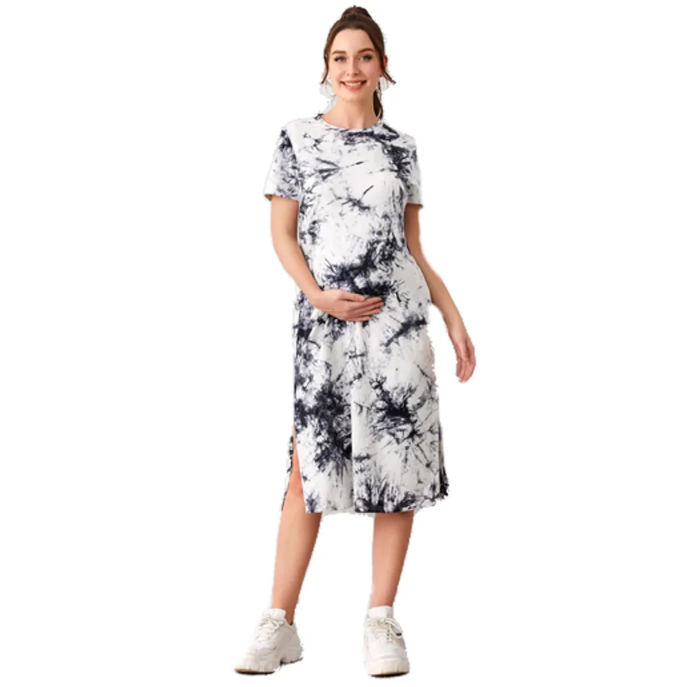 Tie Dye Split Hem Tee Dress Pregnant Dress Short Sleeve Custom Maternity Dress Women