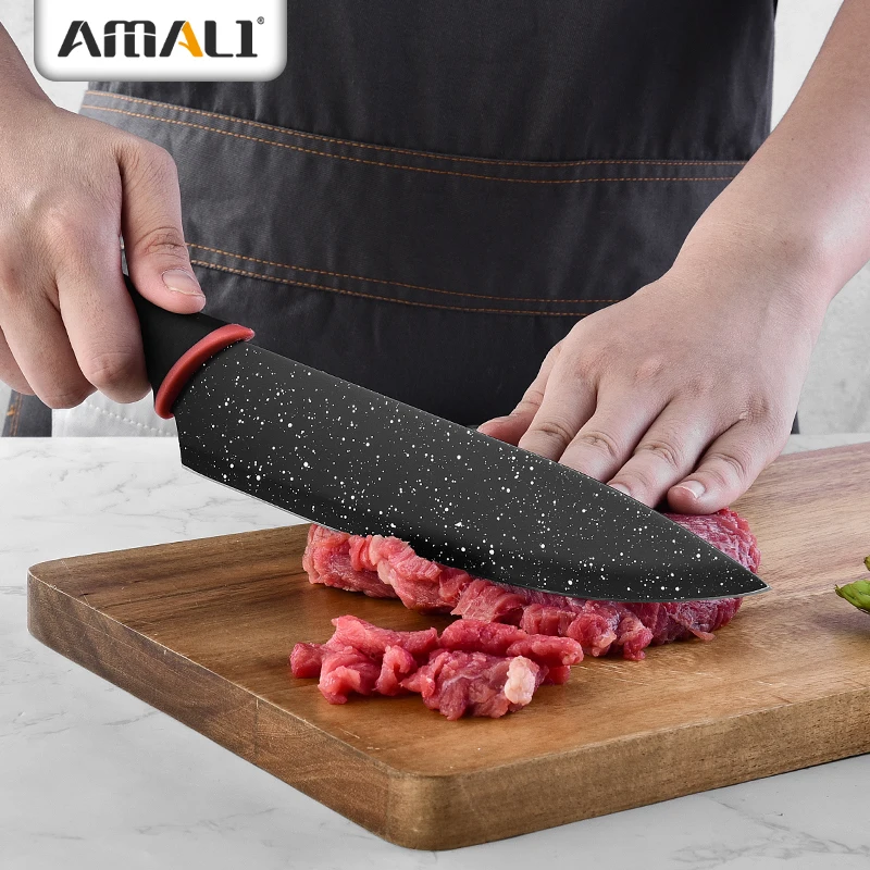 Soft Grip Heat Resistan -8PCS Stainless Steel Kitchen Non-Stick Knife Set With Acrylic Knife Block  Marble Coating Knife