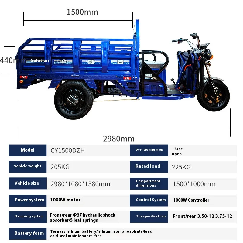 Automatic Reverse Electric Tricycle Shanghai Ce 60V 1000w Cargo Electric Tricycle for Adult 2 Battery 2 Motors 2024 Motorcycles