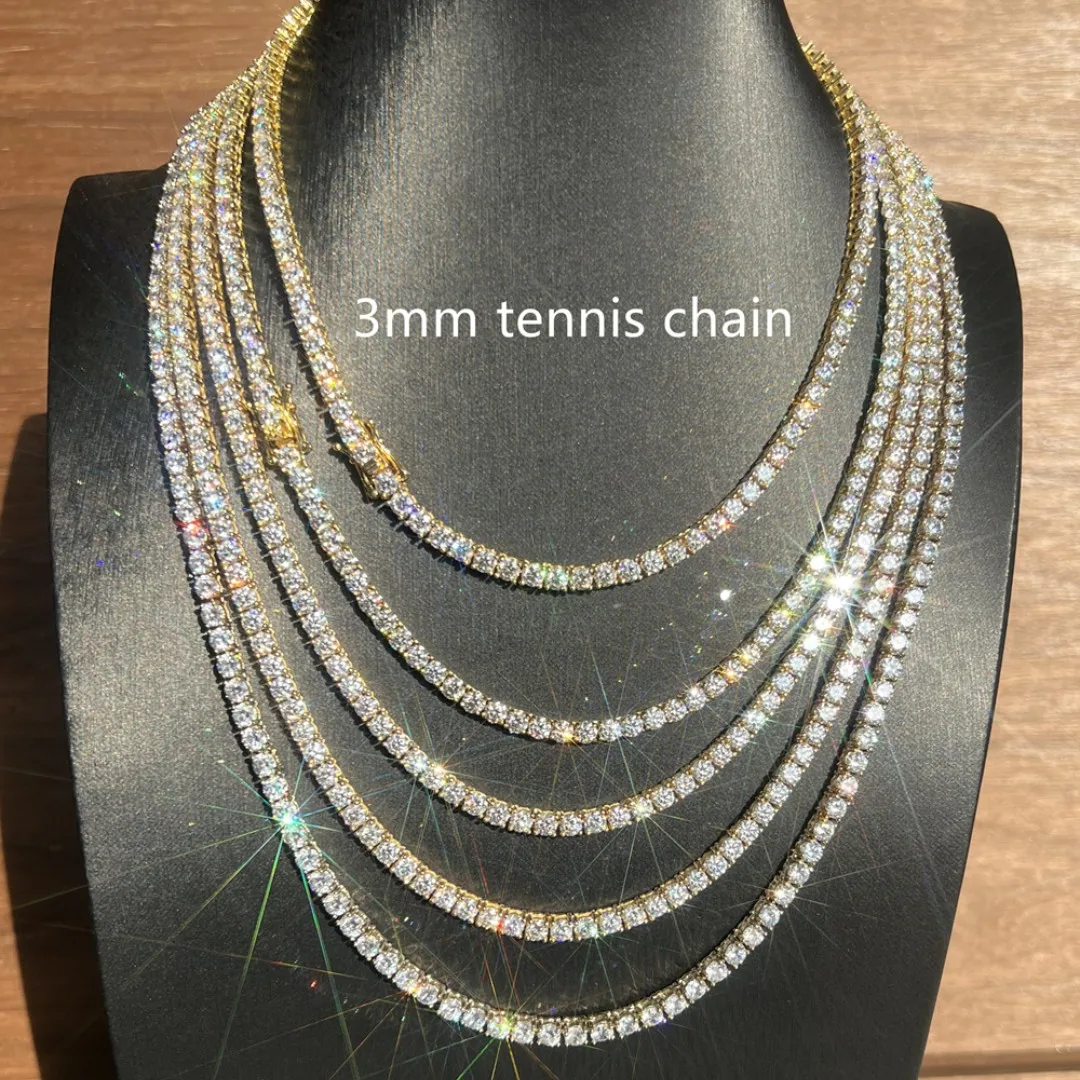 Factory Direct  Hip Hop Iced Out Jewelry s925 3mm Loose Synthetic Gemstones Moissanite Diamond Tennis Necklace