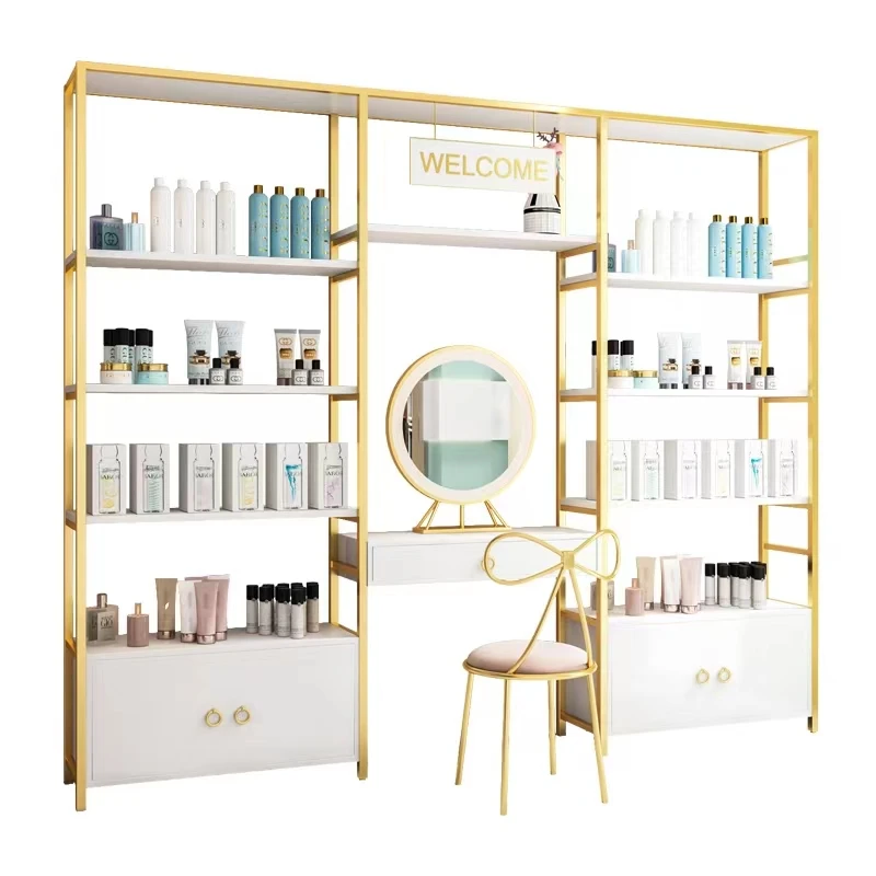 Custom boutique Wooden nail Cosmetic Display Cabinet Shelves And beauty salon Makeup Showcase Display stand For Retail Store