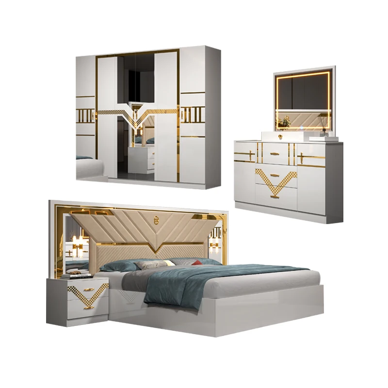 2024 New Design Wooden Double Leather Bed Room Suite Modern Luxury Full Set Cheap 5 Piece Mdf Home Furniture Bedroom Sets