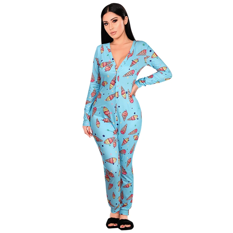 
Women One Piece Sleepwear Custom Pattern Print V Neck Design Pajamas Wholesale Breathable Elastic Women Jumpsuit 