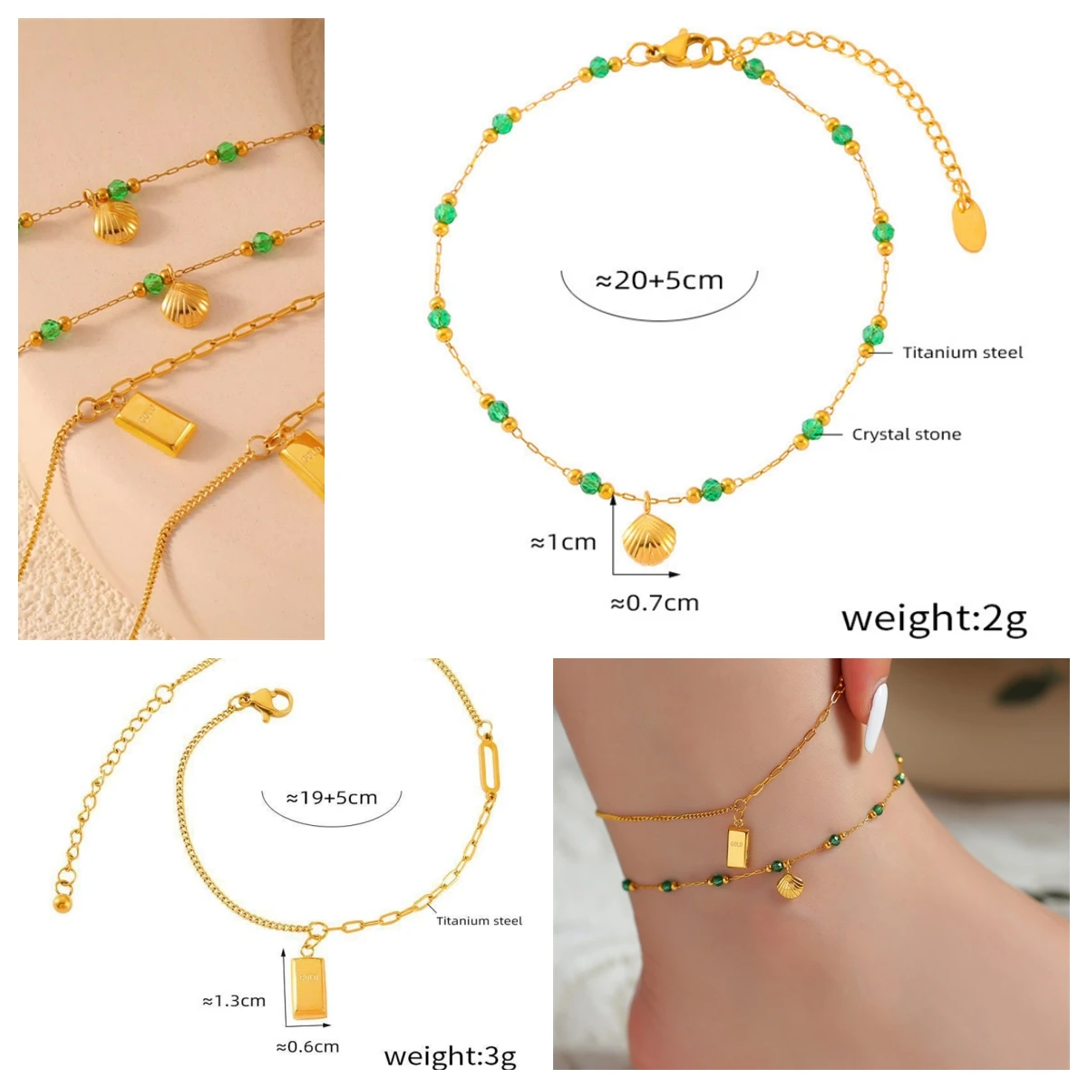 CH110 Factory Wholesale Green Beads Bohemian Shell Charm Stainless Steel 18K Gold Plated Anklet Women Fashion