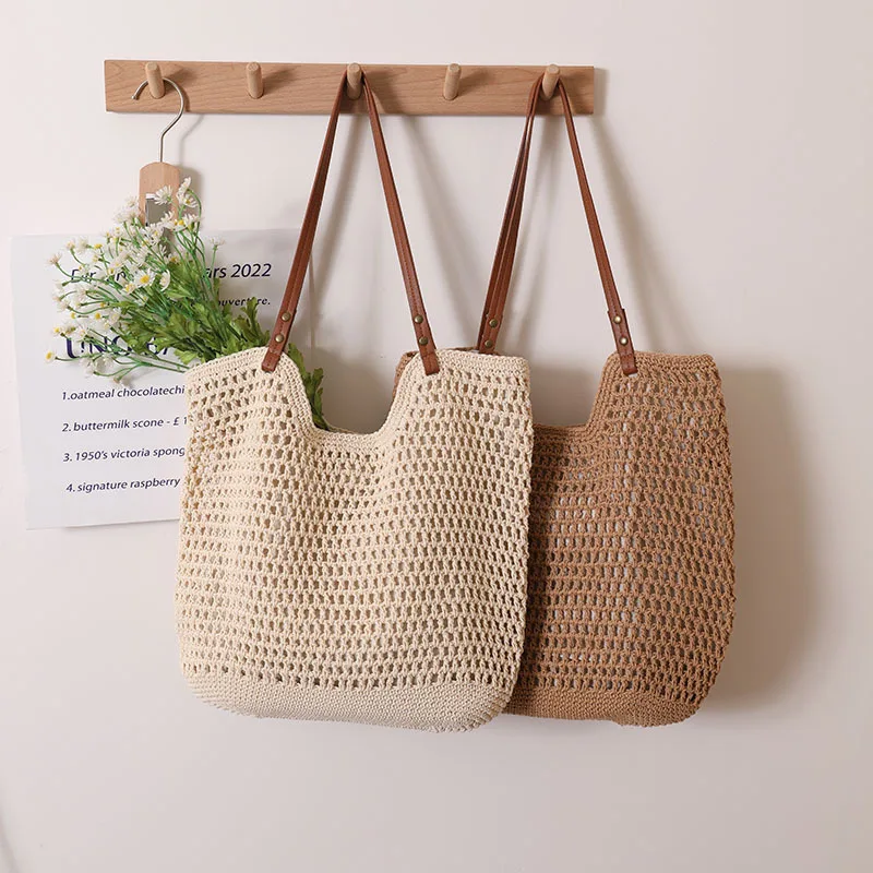 Vintage Women Woven Shoulder Bag Solid Color PU Handle Tote Handbags Wicker Boho Straw Bag for Summer Beach Handle Beige Bags
