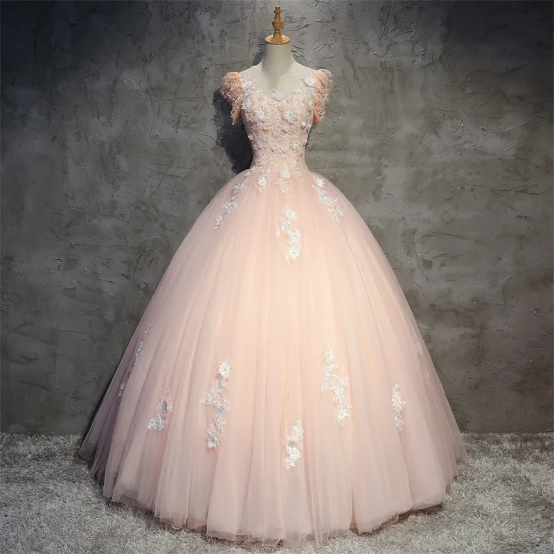 Light Pink 3D Flower Lace Short Sleeve Ball Gown Plus Size Vestidos Quincea Quinceanera Dresses