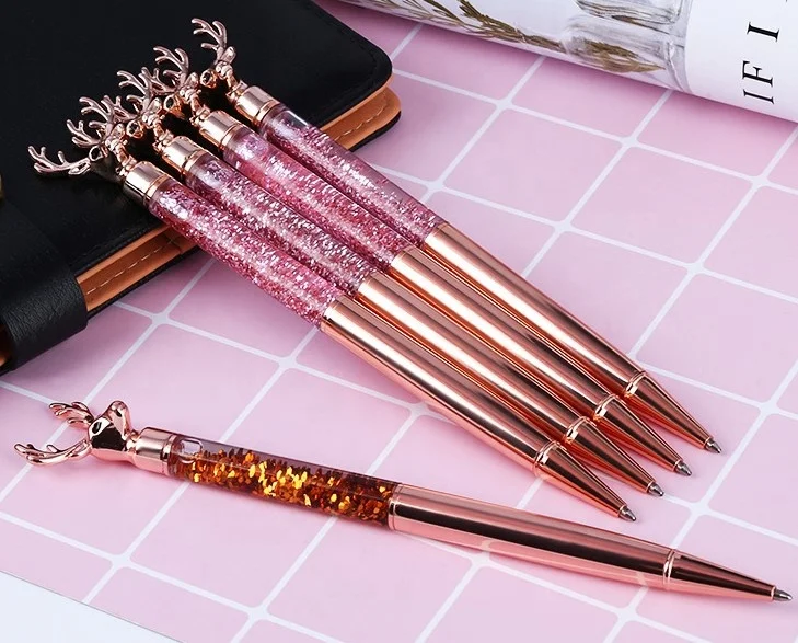 Christmas Deer Liquid Glitter Floating Pen Metal Promotional Ball Pen Gift Pen With Glitter