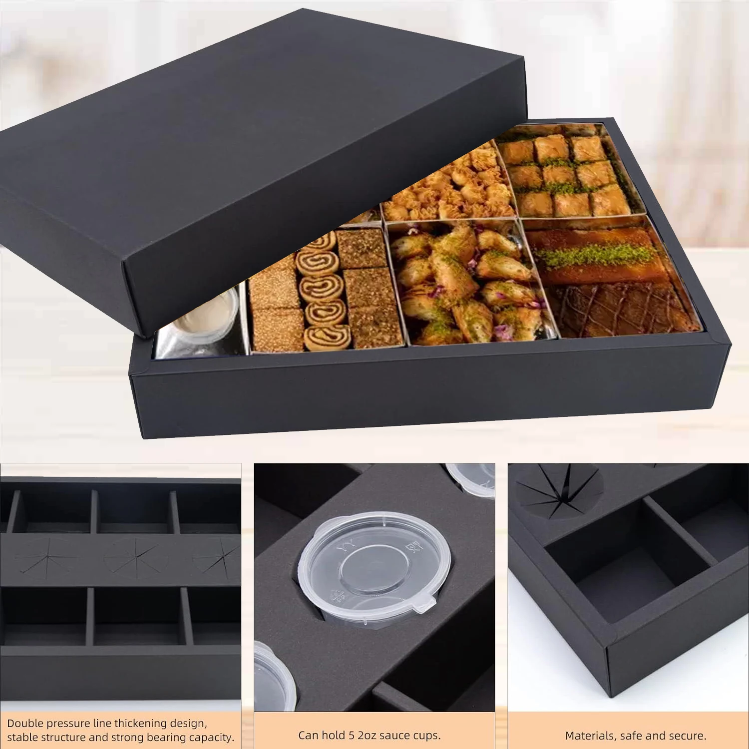 100% Recycled Kraft Paper Black Party Chocolate Cookie Dessert Boxes Catering Packaging Platter Box With Dividers Lid