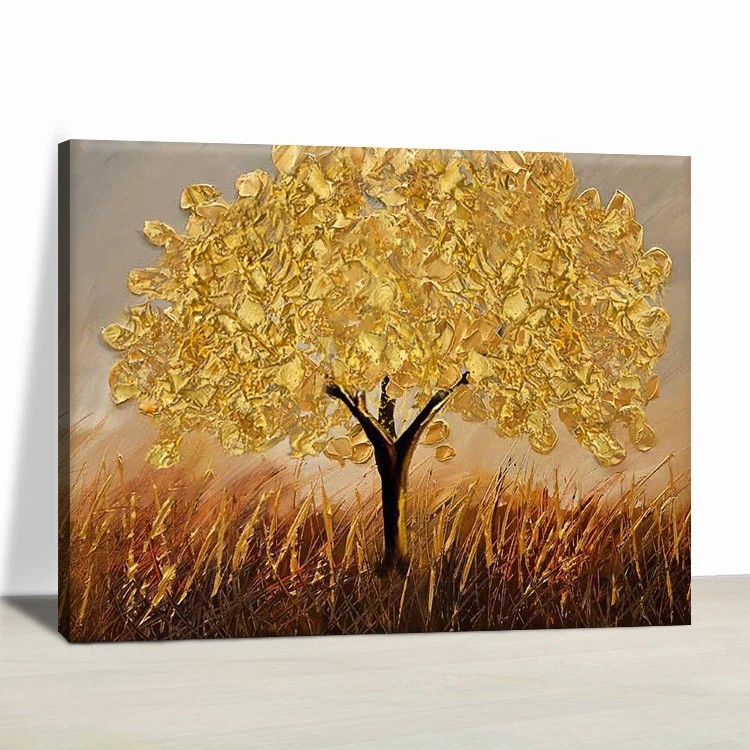 Handmade Acrylic Artwork Canvas Landscape Picture 3d Golden Money Tree Painting Unique Modern Abstract Art
