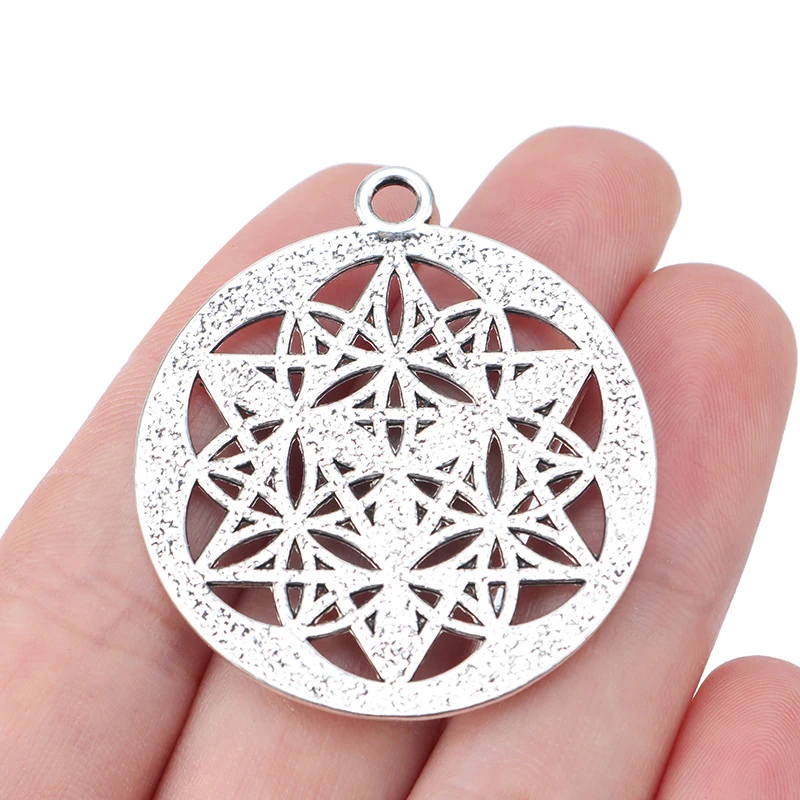 Antique Silver Tone Flower of Life Merkaba Sacred Geometry Round Charms Pendants For Necklace Jewelry Making