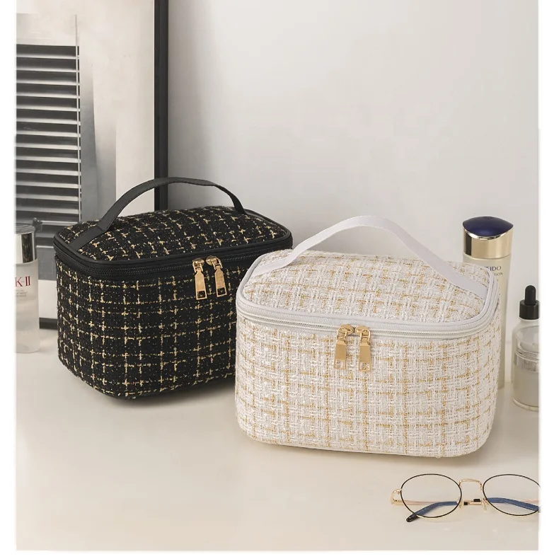 Travel Striped Makeup Bag Large Cosmetic Case Organizer Fits Bottles Vertically Top Layer Cosmetic Bag