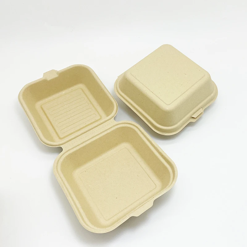 Bamboo fiber Bagasse  6 Inch Clamshell Take Away food Container to go box Burger Hamburger Box Biodegradable Food Packaging