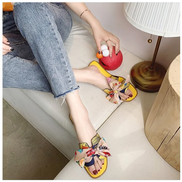wholesale Summer Popular Women Slide sandal with Bow Decoration Ladies Slipper Printed Flat Slides for girl designer brand