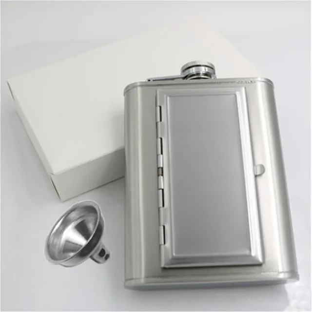 Creative Black PU Leather personalised 6oz 5oz stainless steel hip flask set whiskey liquor bottle with Funnel Cigarettes Case