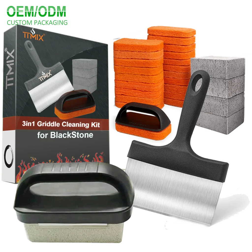 Bbq Cleaning Blocks Pumice Stone Grill Spatula Scraper and Brush Cleaning Pads for Griddle Metal Grate Cleaning Kit