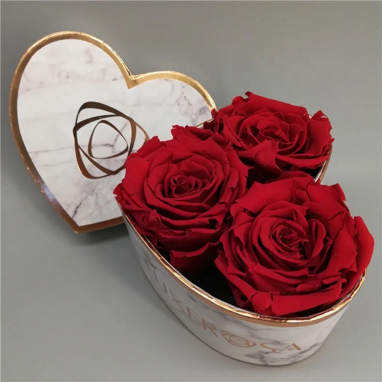 New design marble printing paper flower boxes, custom logo heart shape preserved rose boxes