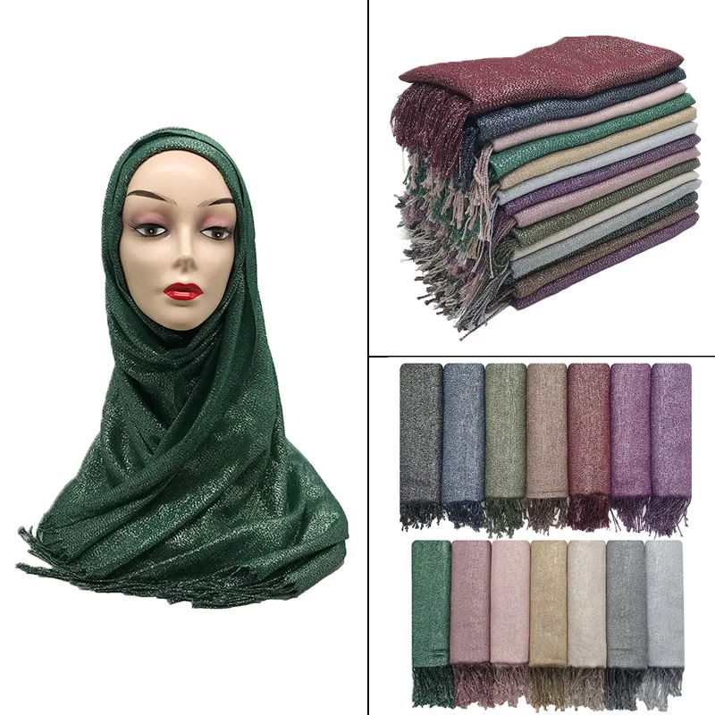 Malaysia new fashion silver silk glossy pure color with fringed ladies scarf can be capped shawl