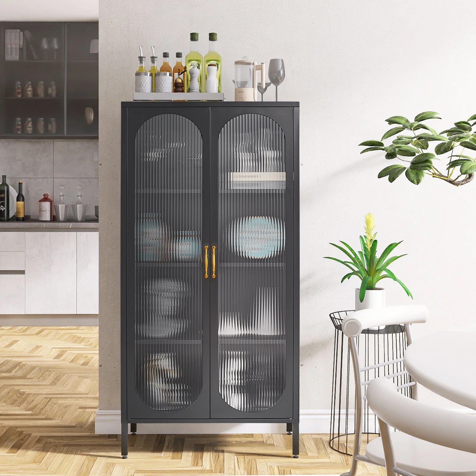 Doors Curio Display Cabinet Metal Cabinet with Glass with Adjustable Shelves Locking Glass Cabinet for Home Office Kitchen Iron