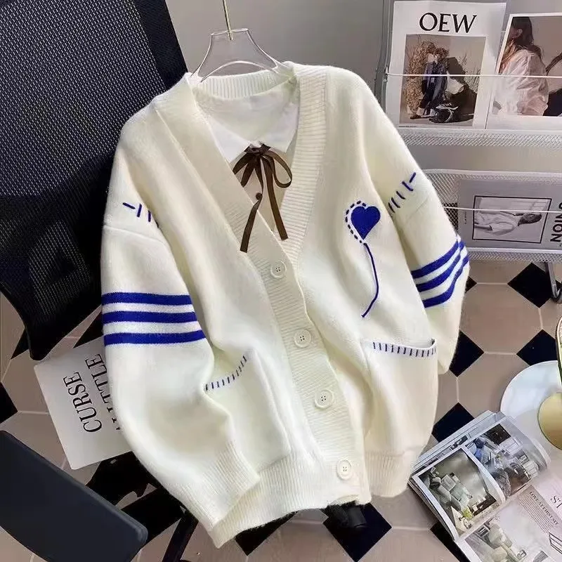 2024 New KYT Love Print Cardigan Women Autumn V-neck Single Breasted Pocket Female Sweater Casual Youth Girl Knit Tops