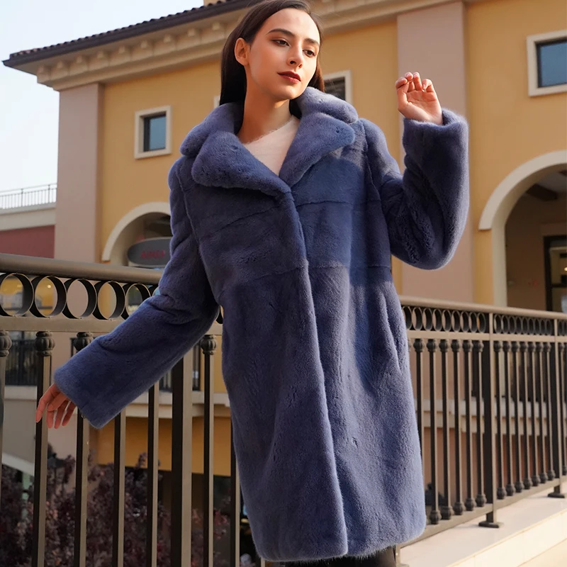 Top Fashion Long Sleeve Blue Color Plus Size Winter Warm womens Real Mink Coats
