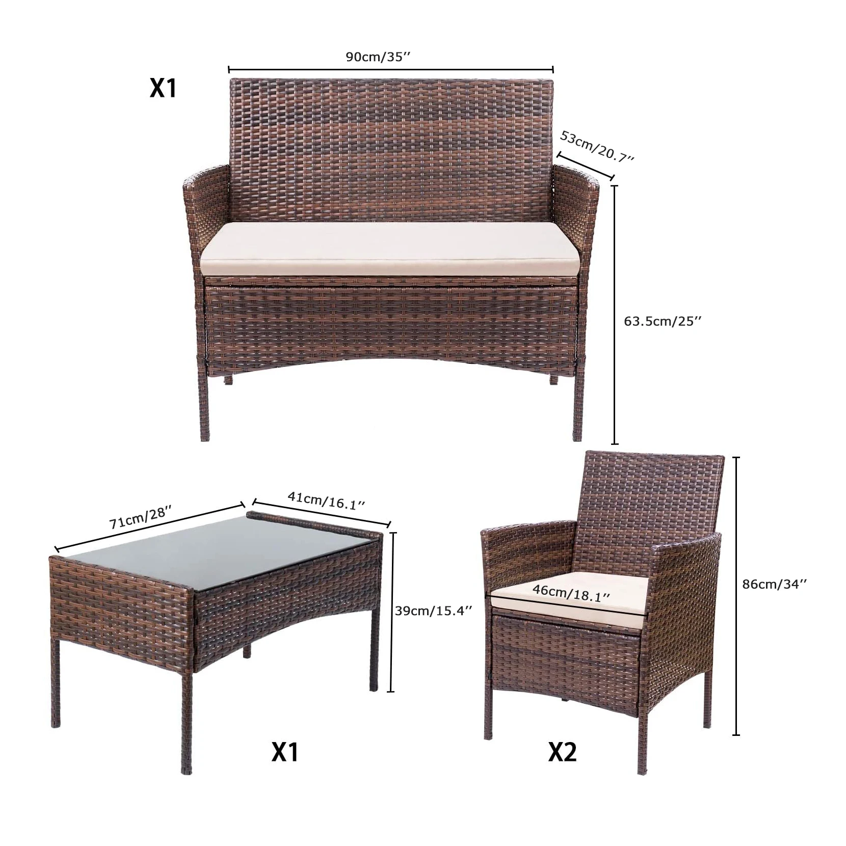 Outdoor Indoor Use Backyard Porch Garden Poolside Balcony Sets Clearance Brown and Beige 4 Pieces Furniture