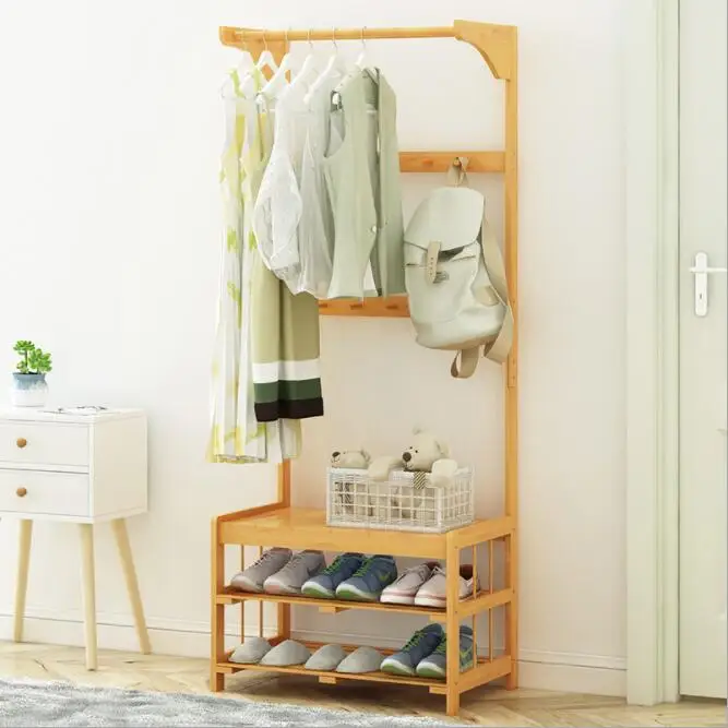 Бамбуковая вешалка для одежды с 2-ярусная обувная стойка полки пальто стеллаж хранения стоя навесной