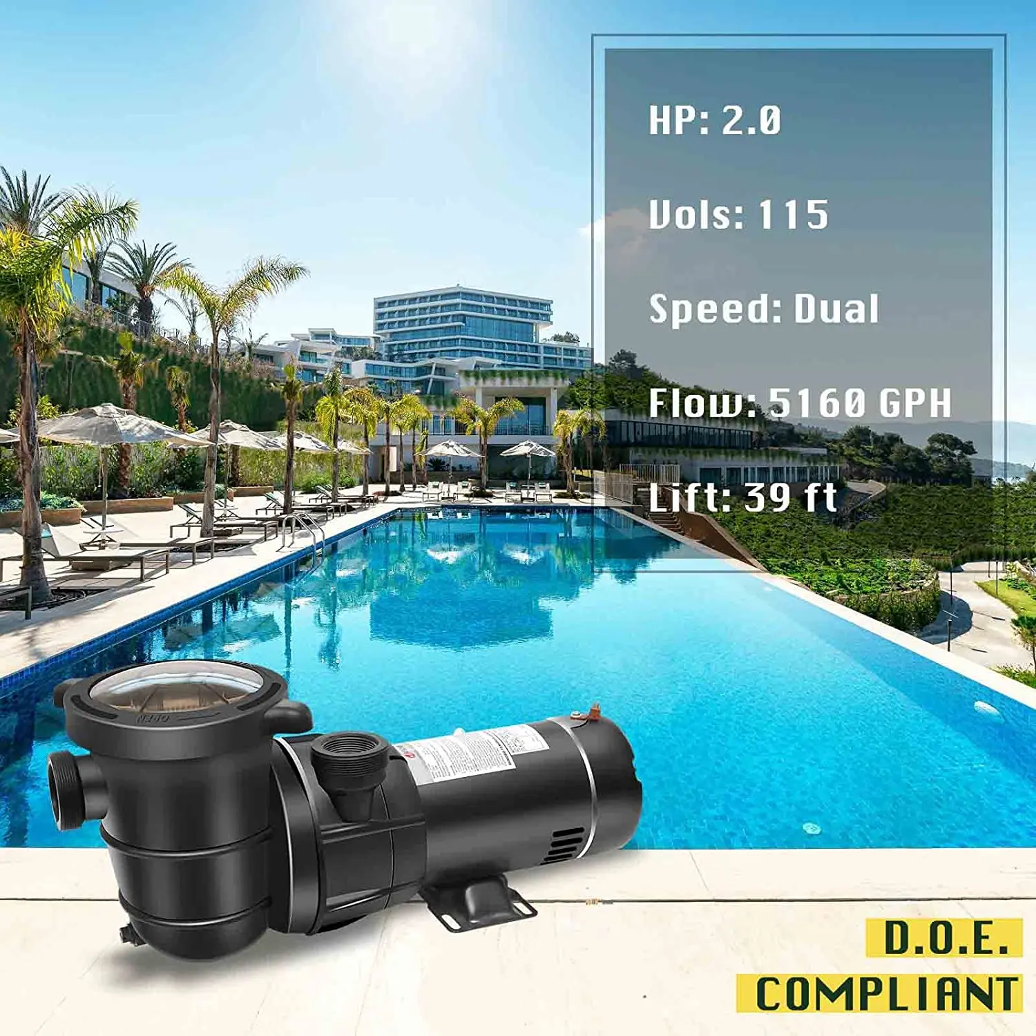 PB11504 DoE Compliant Extremely Quiet 2.0 hp pool pump with plug