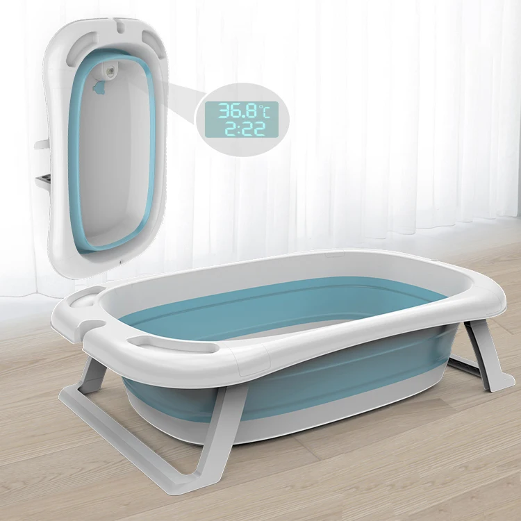 2021 Hot Selling Big Newborn Baby Folding Standing Bath Tub Collapsible Bathtub Plastic Cheap Baby Foldable Bathtub With Thermom