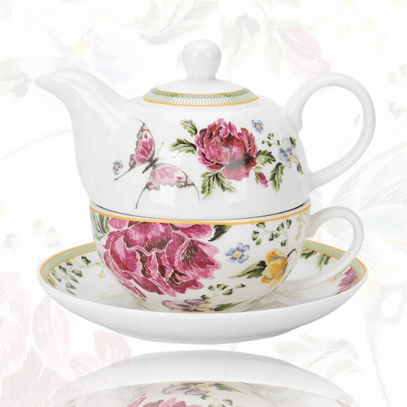 flora tea cup and saucer gold rim porcelain tea pot and cup set for one person