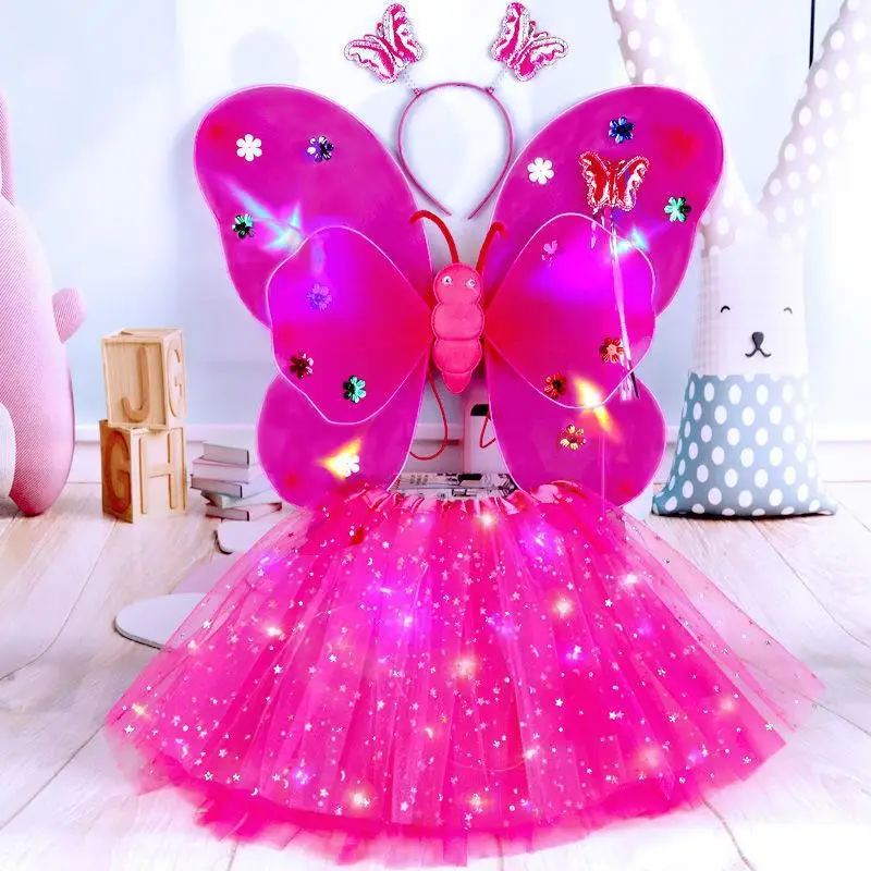 2023 Wholesale HIGH quality Girls Costume Set angel wings LED butterfly wings LED tutu skirt with Wand and Headband
