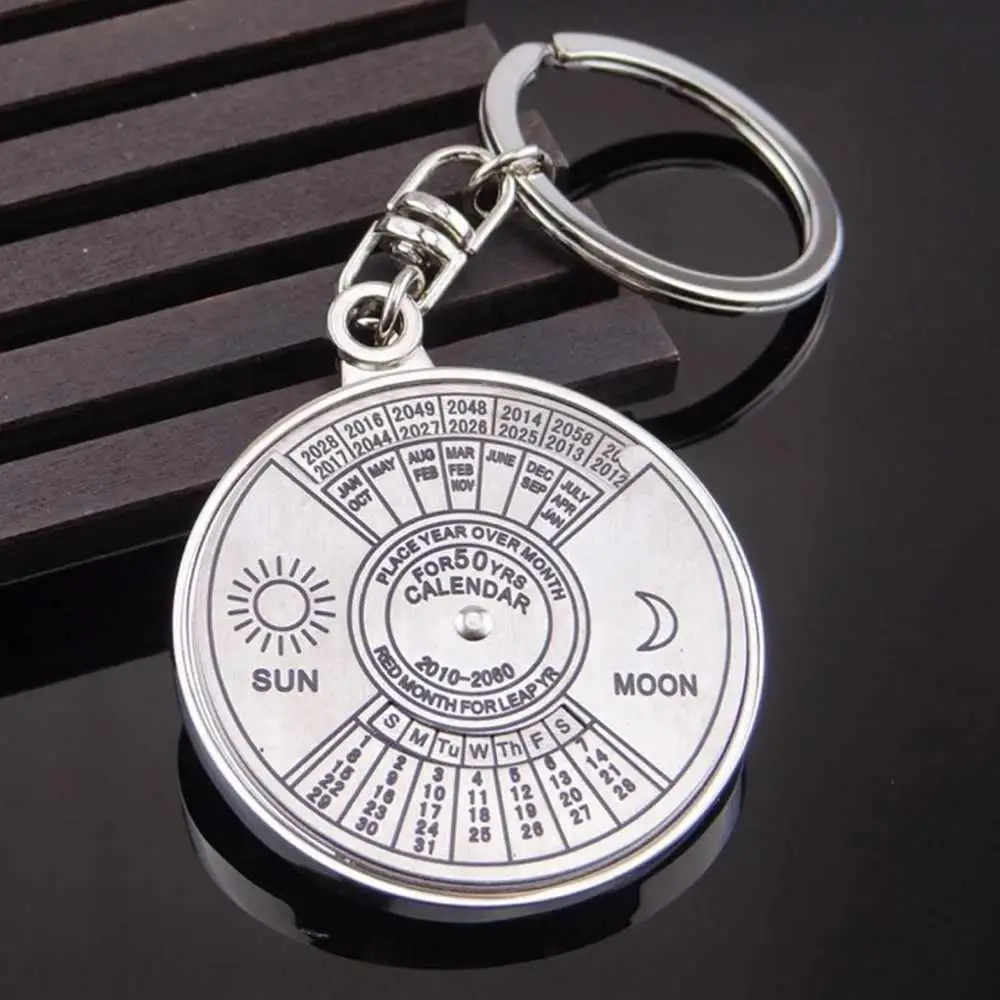 Silver 50 Years Super Perpetual Calendar Key Chains, Car Bag Pendant Keyring Holder, Rings Astrology Keychains