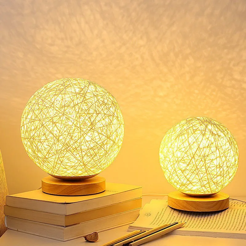 French Rattan Table Lamp Shade Night Light Creative Wood Base Led Rattan Ball Table Lamp