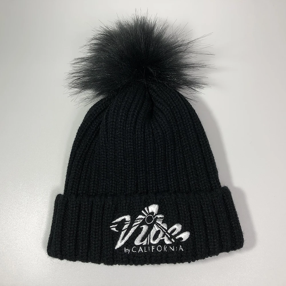 High quality knitted fur pompom for beanies Skull warmer acrylic bobble caps Custom embroidered ribbed cuff faux fur hat women