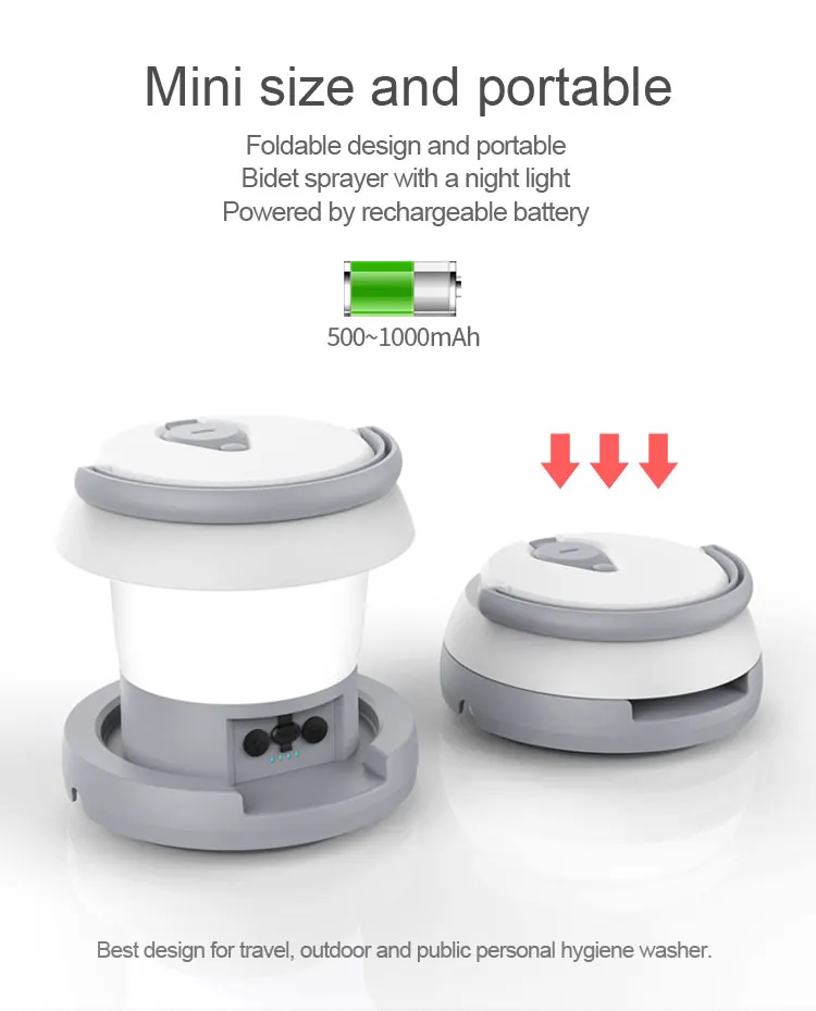 NIghtlight plastic waterproof electric battery powered rechargeable fordable bathroom toilet wc washing portable bidet