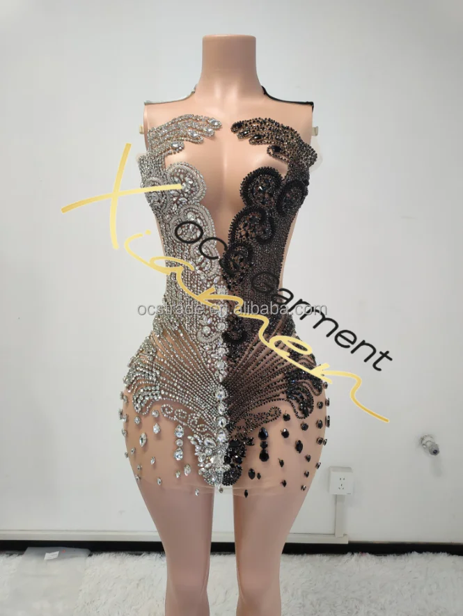 Ocstrade Women Sexy Mini Club Dresses 2024 Ready To Ship Black And Silver Color Rhinestones Costume Women Party Dresses Sheer