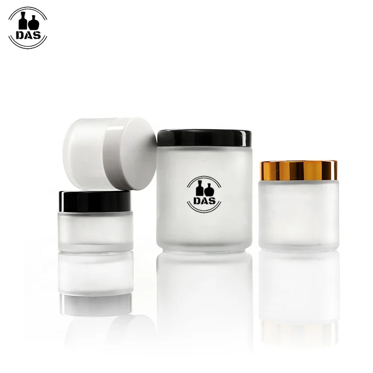 Wholesale 5g 1oz 2oz 4oz 8oz Frosted Straight Sided Face Body Glass Cosmetic Cream jar with Black White Gold Lid