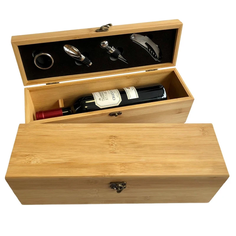 4pcs Wooden Wine Opener Gift Set, Stainless Steel Wine Opener, Stopper, Wine Pourer & Wine Collar in a Wooden Box