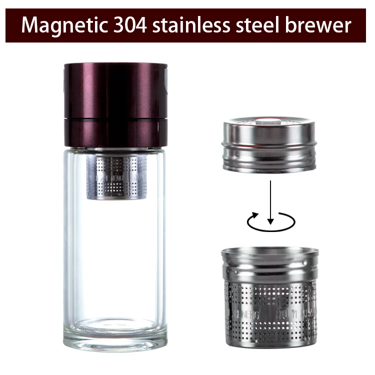 Thermal Insulated Leak Proof 350ml Double Wall Borosilicate Tea Mug Fruit Water Tumbler Glass Bottle with Magnetic Infuser