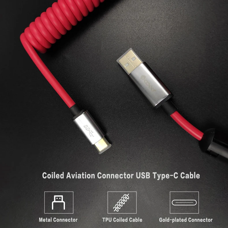 Wholesale Aviation Coiled Cable Wire Sprial Double Sleeve CNC Aluminum Type C USB Aviator Coiling Cable with Golden Connector
