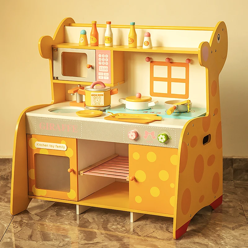 2022 New Design Creative Simulation Deer Style Wooden Play Kitchen Set with Cookware, Interesting Gift for Children