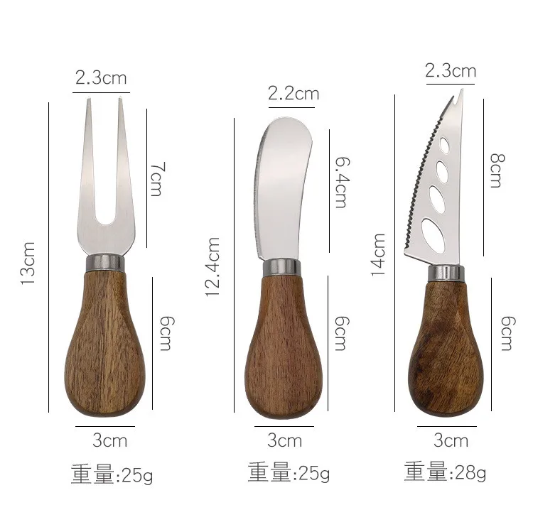 High Quality Cheese Tools Cutter Mini Butter Spreader Forks Acacia Wood Handle Cheese Knife Set with Box